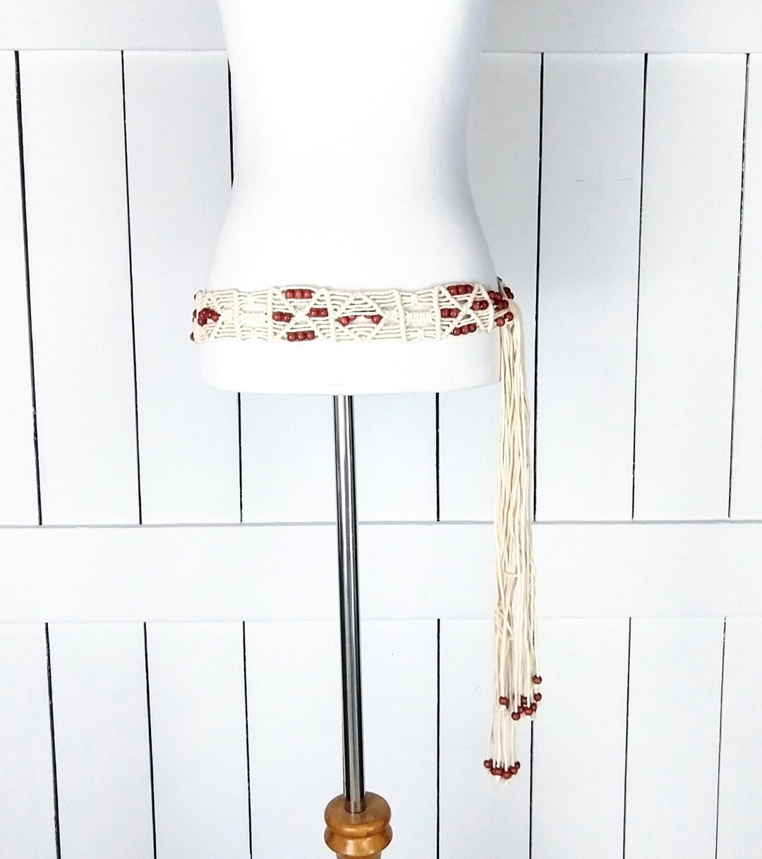 Wood bead braided macrame rope fringe tie belt/boho/hippie belt/braided chord Braided Fringe Beaded Boho Waist Belt Beige Brown Thin Dress  main image 3