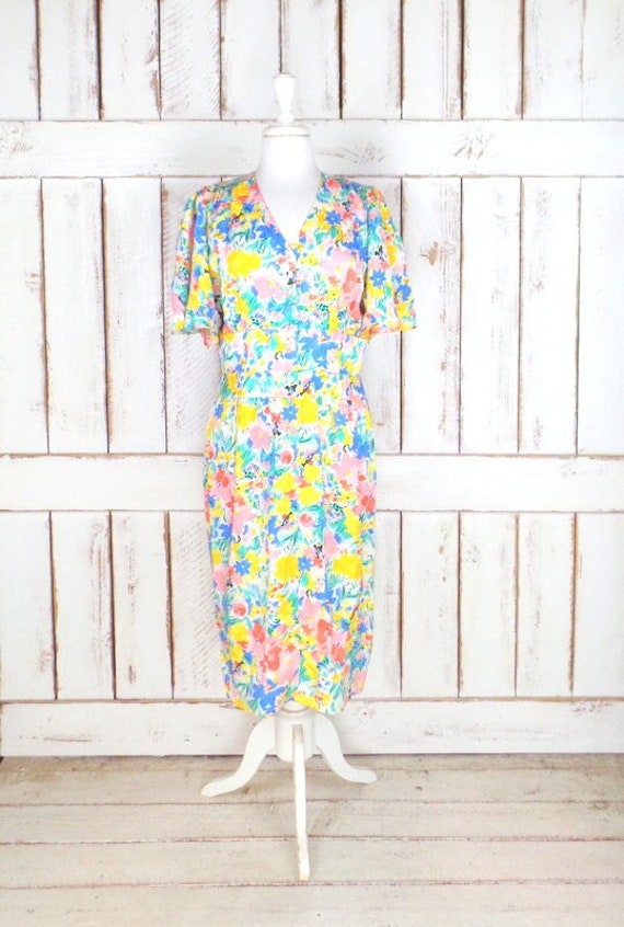 Vintage Nora Noh floral silk midi dress/flutter s… - image 1