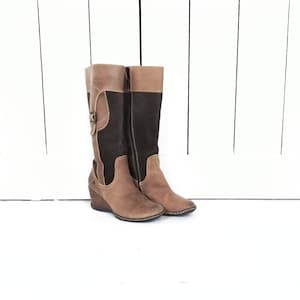 Brown tall suede leather wedge boots