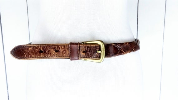 Vintage braided brown distressed leather belt Vintage 50s 60s Skinny Braided Leather Belt Dark Brown Super  main image 2