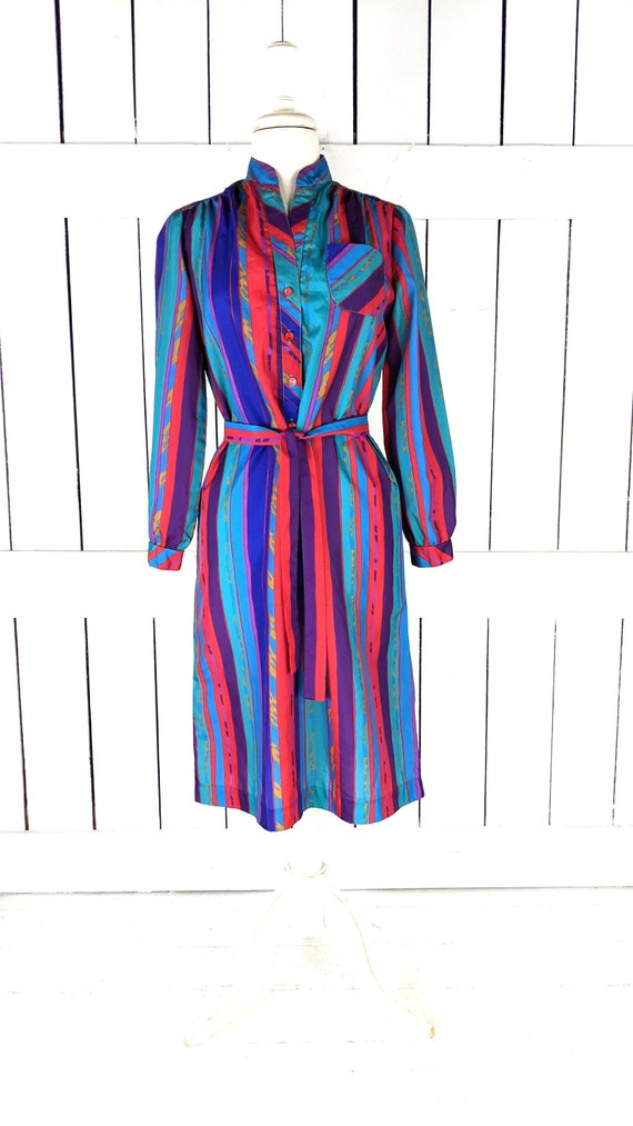 Vintage red blue striped long sleeve tunic belted 