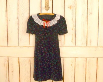 Girls vintage black velvet floral ruffle lace dress