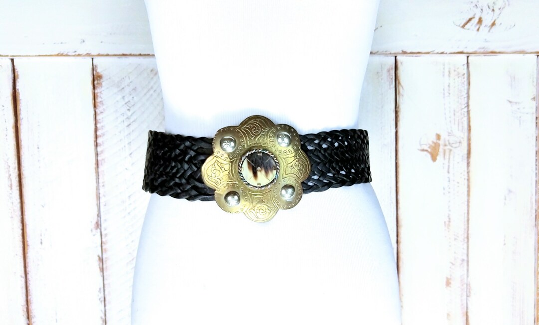 Boho Black Leather Wide Medallion Belt with Antique Gold Accents Rustic Medallion Concho Belt - Black – Leto Accessories main image 2