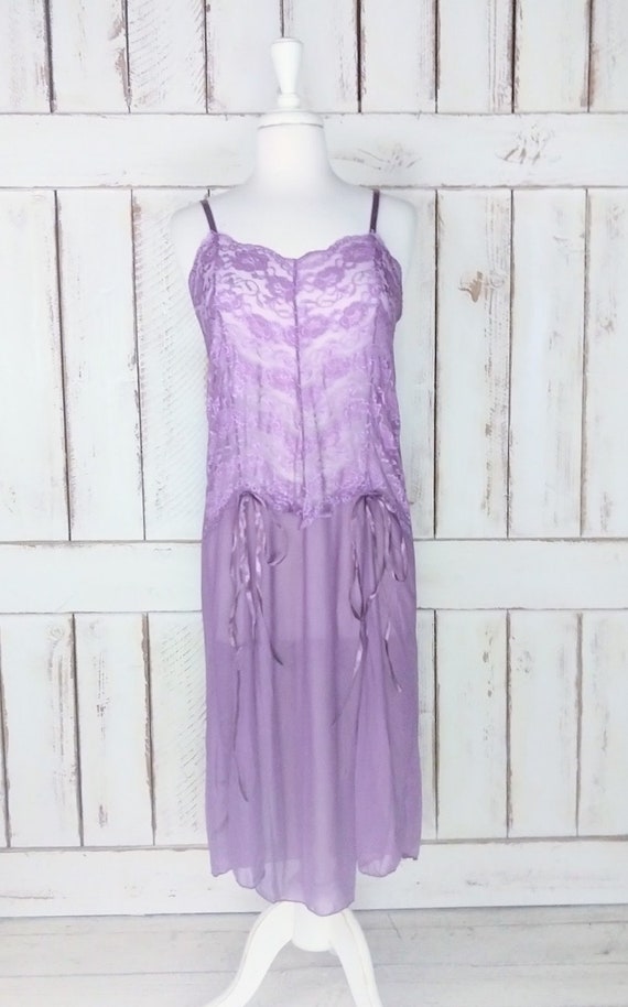 Vintage purple sheer stretch net lace teddy linge… - image 3