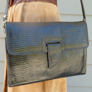 Black faux leather crocodile print vintage envelope purse