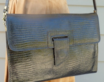 Black faux leather crocodile print vintage envelope purse