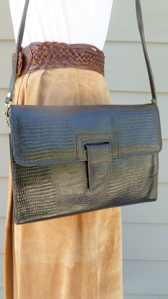 New Black Envelope Gold Crocodile Textured Bag Valentino Emera croc textured envelope clutch bag with  main image 4