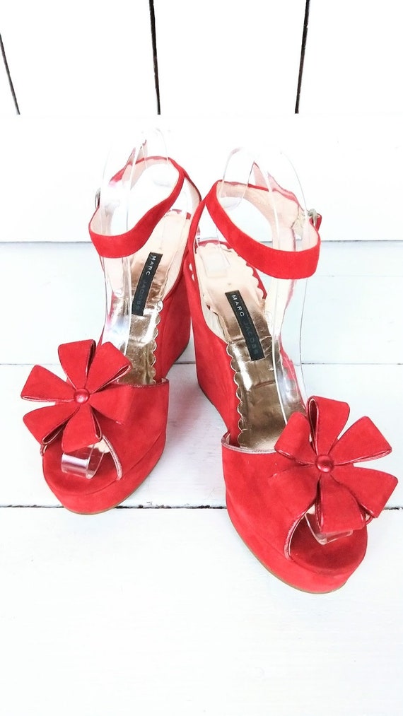 Red suede leather open toe platform wedge flower p