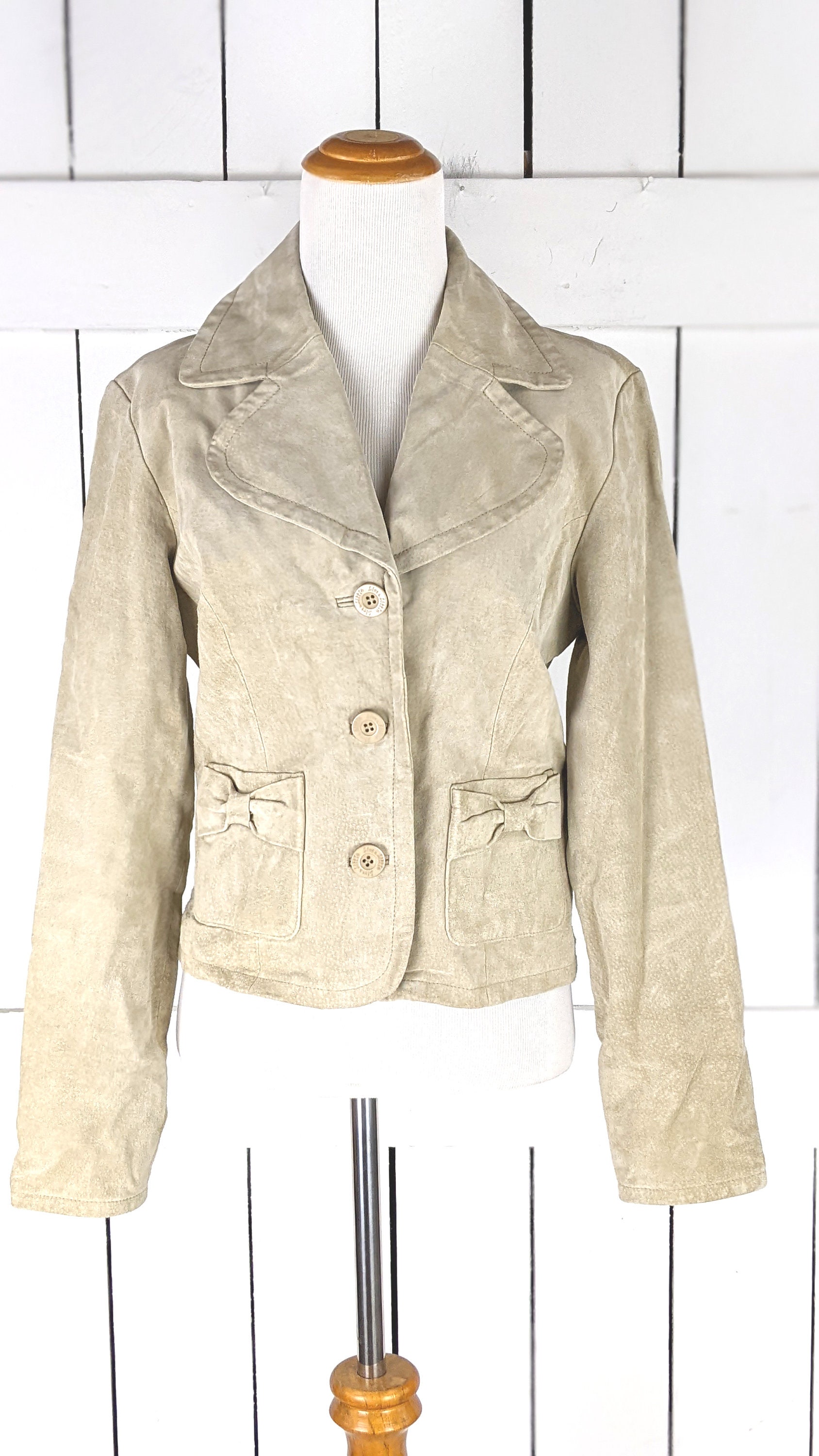 Vintage 90s Beige Suede Leather Fitted Short Blazer Jacket