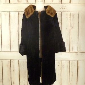 50s vintage black faux fur brown mink collar coat/medium/large