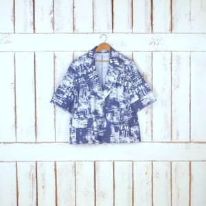 90s vintage blue/white short sleeve boxy blazer jacket/graphic print stretch blazer/stretch denim blazer/Lucienne Phillip
