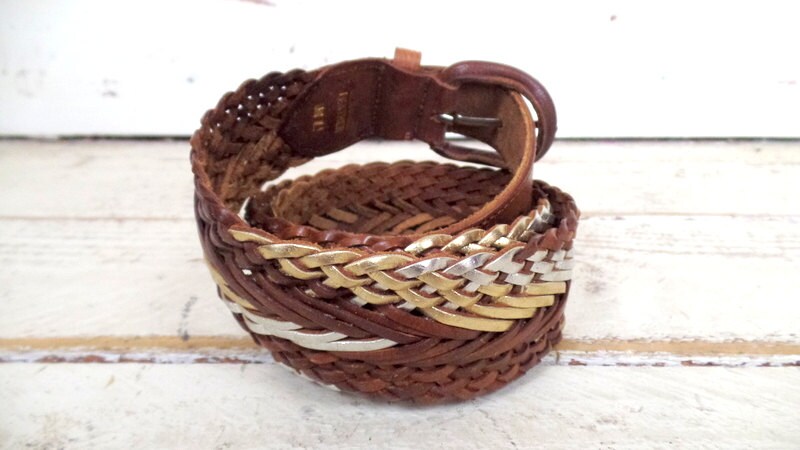 Vintage woven brown leather beaded boho / hippie belt / Huarache braided belt Vintage Leather Woven Huarache Belt Unisex Hippie Bohemian  main image 3