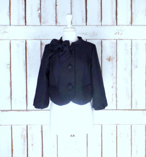 90s short black fitted blazer jacket/bow accent cr