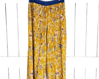 Mustard yellow floral wide leg palazzo accordion pleated pants