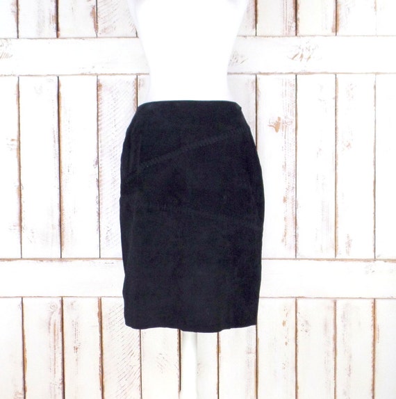 Vintage black suede leather fitted pencil skirt/h… - image 1