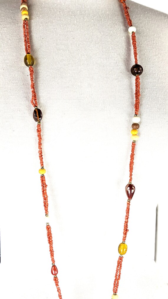 Orange glass  beaded long strand boho chain neckl… - image 3