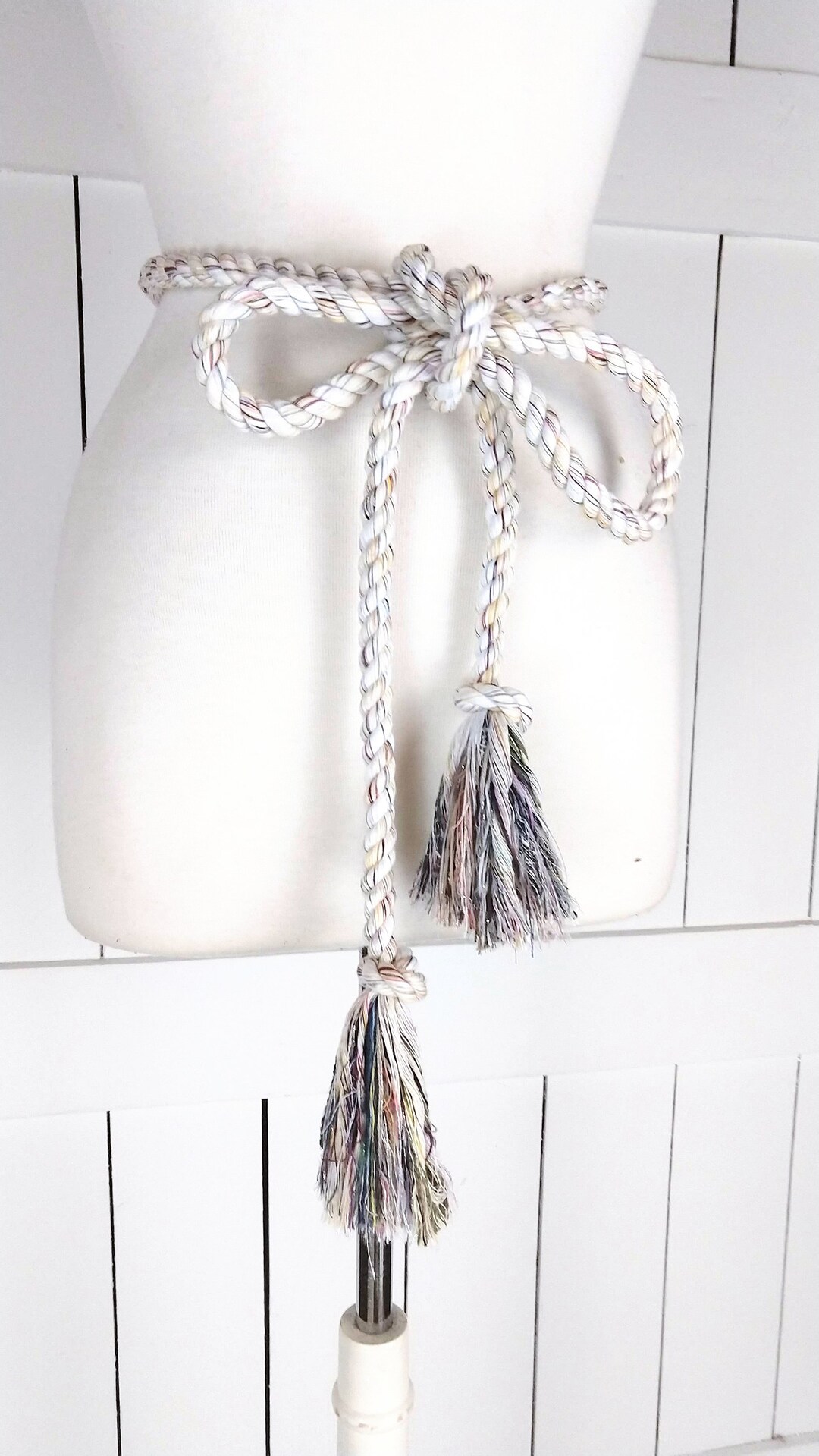 Ivory long woven braided rope knotted fringe tassel tie belt Ivory Long Braided Knotted Wooden Bead Fringe Tassel Tie  main image 3