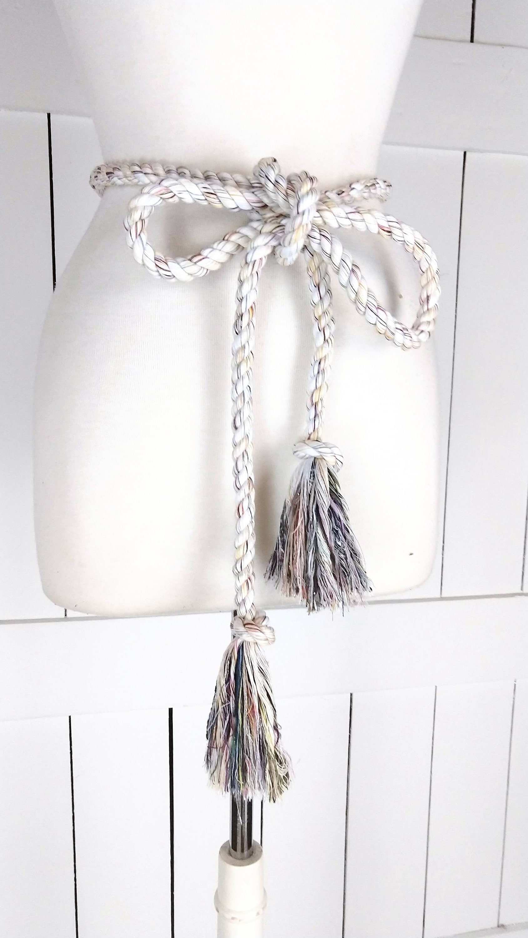 Woven braided rope knotted fringe tassel tie belt Cotton Braided Rope Tie Belt, Thick Tassel Woven Macrame  main image 2