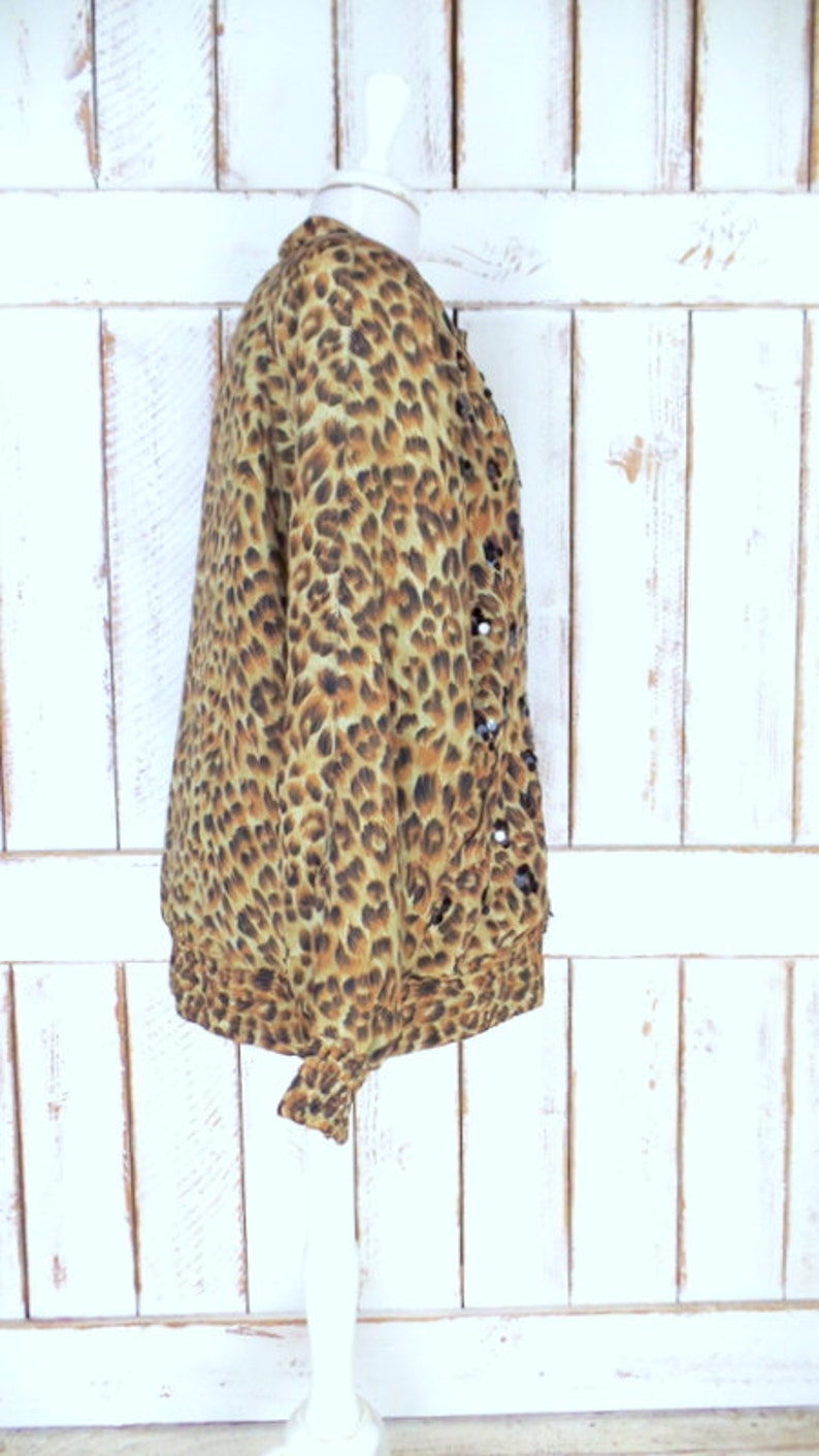 Vintage leopard print sequin beaded silk windbreaker jogging puffer jacket/silk sports jacket/animal print flight bomber jacket/medium image 4