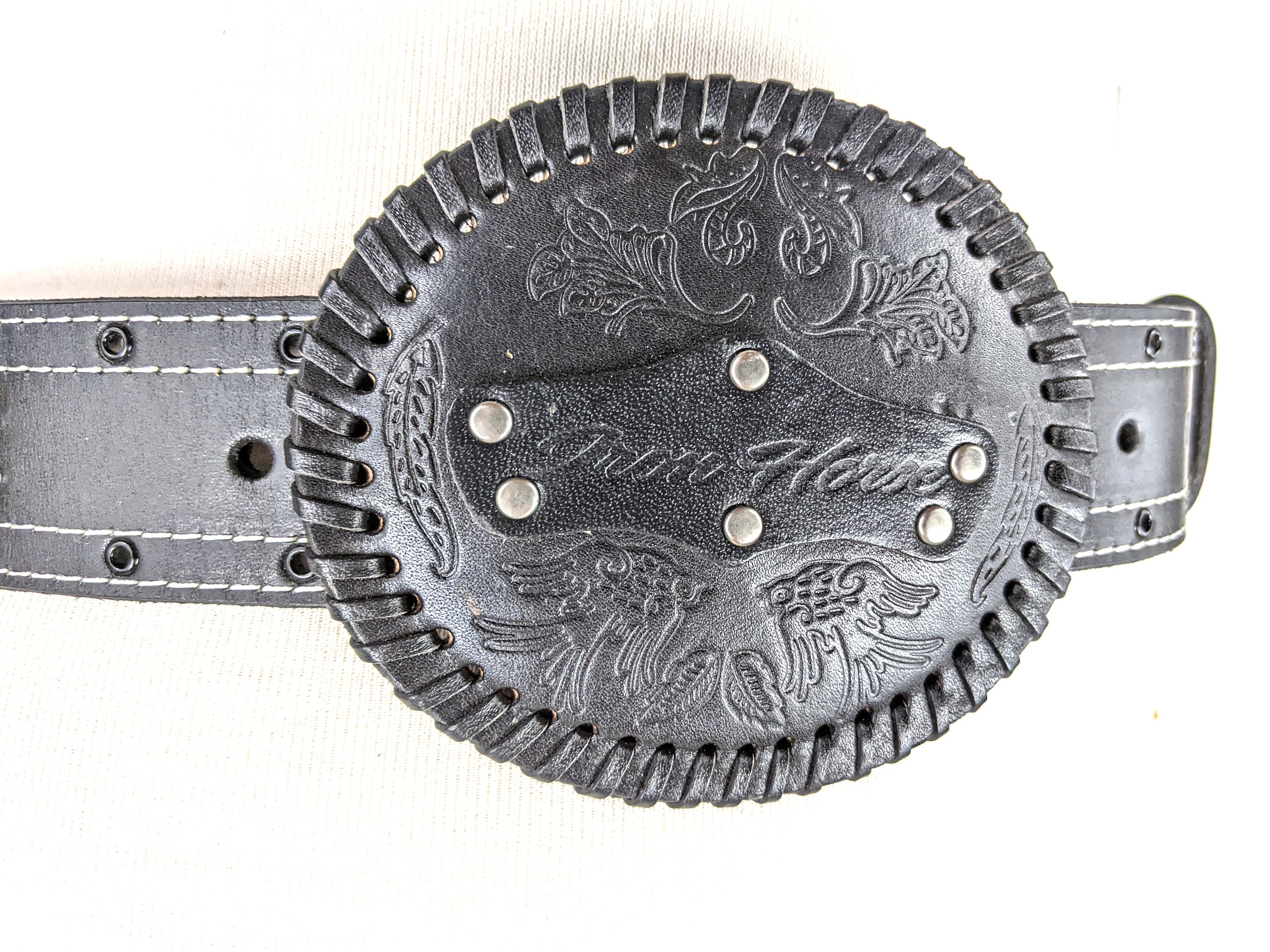 Leather Wide Black Gray Studded Antiqued Brass Large Silvertone Buckle Belt L 1 3/4 “ Wide. Studded Rocker Leather Belt. Big Buckle. Black  main image 3