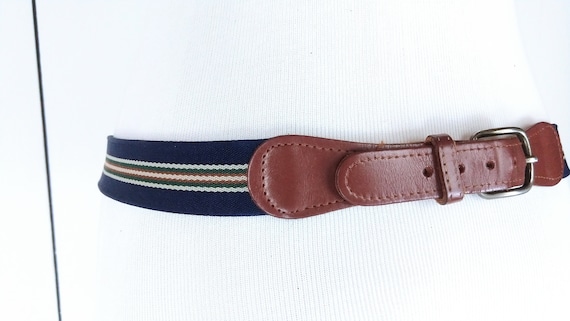 Vintage Leather and Striped belt Vintage Woven Striped Preppy Belt With Leather and Brass  main image 4