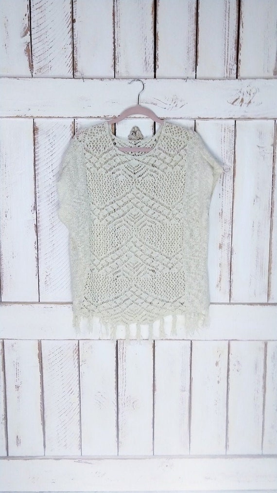 90s vintage crochet knit fringe tassel slouchy sw… - image 1