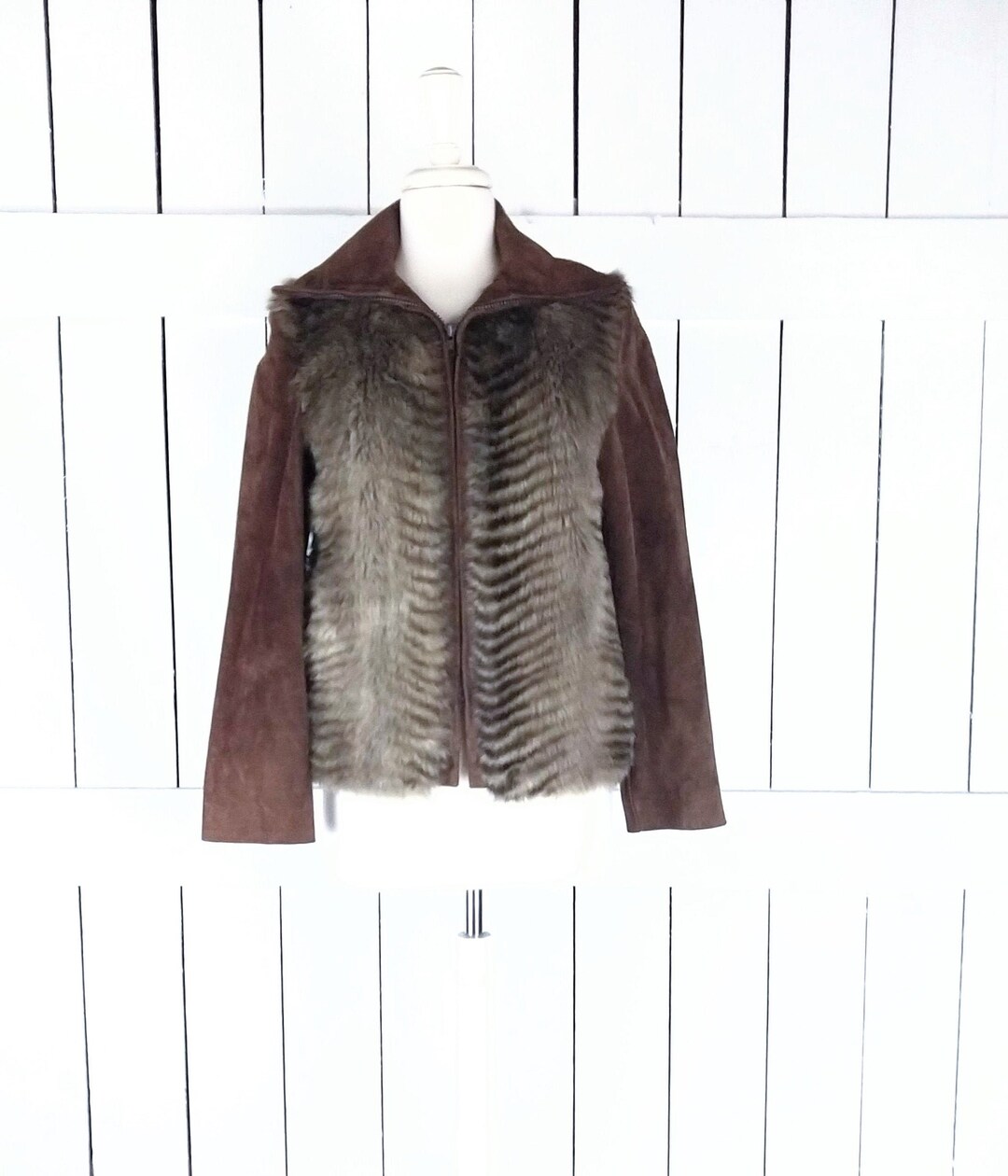 【SATIIIZ】Keria Vintage Fur Leather Jumper Vintage Because Its by Gino Rossi Brown Suede Leather Faux