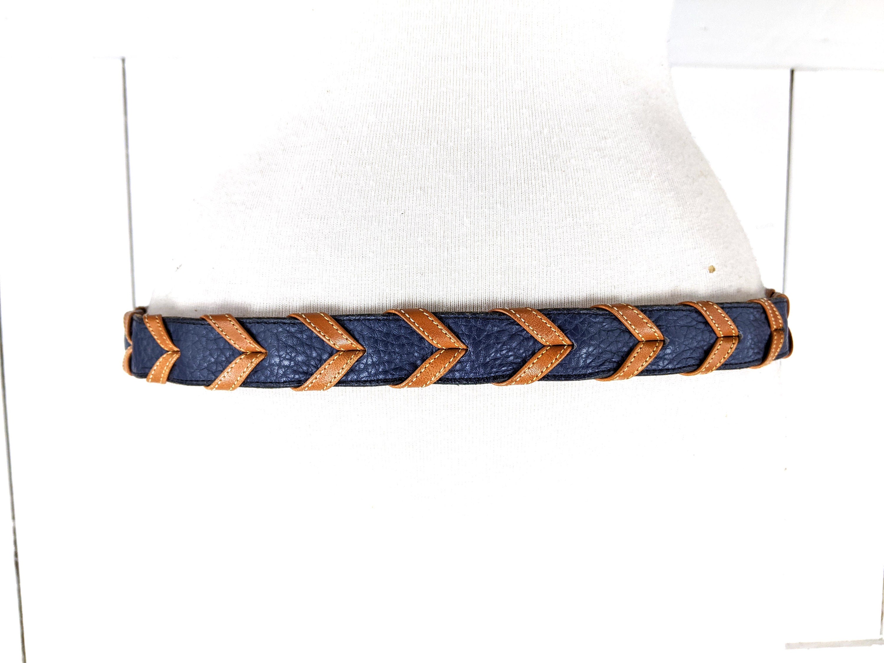 Vintage Dooney & Bourke blue tan chevron braided leather belt Vintage Dooney & Bourke Belt Size 36 Fits Like 34 Cream Navy  main image 2