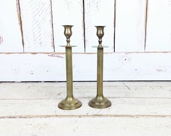 Brass pillar spindle candlesticks/distressed/tarnished metal vintage candle holders/set of 2