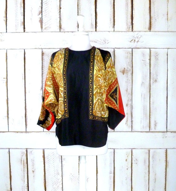 Vintage black/red/gold dolman sleeve scarf blouse/