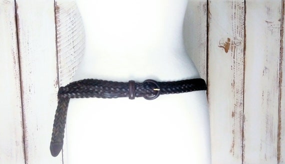 Vintage dark brown braided leather belt/woven lea… - image 1