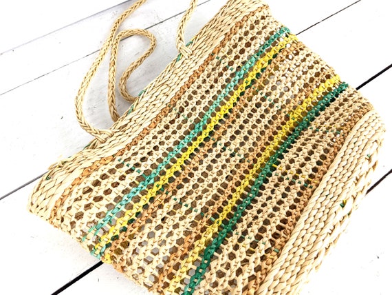 Striped woven straw rattan market bag straw shoul… - image 3