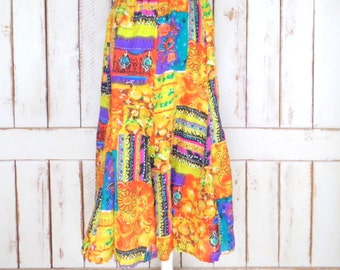 Yellow/orange ethnic floral tribal Indian print boho silk maxi skirt/vintage hippie festival skirt/medium