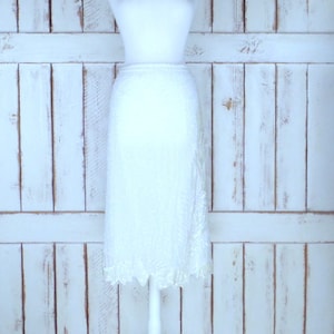 Vintage silk white/light ivory beaded sequin pencil skirt/floral sequin midi/mid length skirt/1x plus size