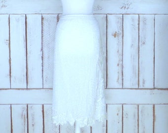 Vintage silk white/light ivory beaded sequin pencil skirt/floral sequin midi/mid length skirt/1x plus size