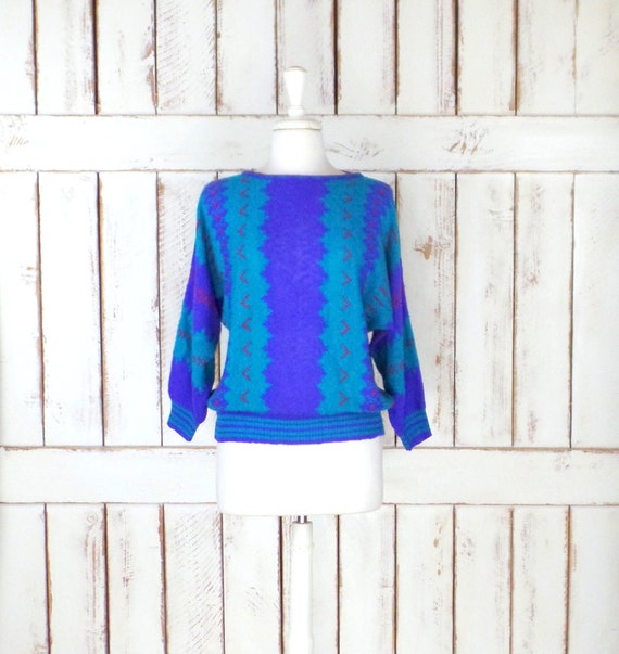 80s vintage blue/purple striped tribal print slou… - image 1