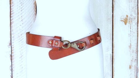 Vintage wide thick brown leather brass hook buckl… - image 2