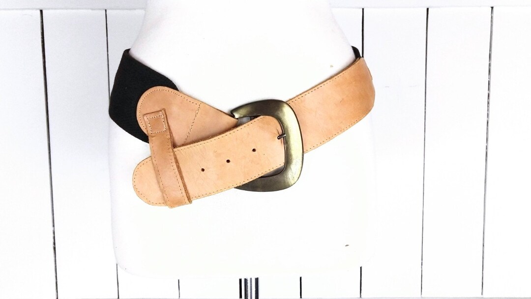 Vintage Wide Black Canvas Chord Tan Leather Belt - Etsy display picture 3