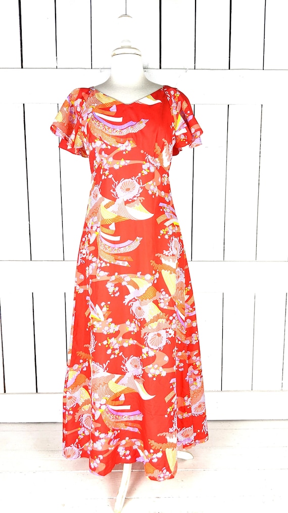 Vintage Hawaiian Fashions red tropical floral flut