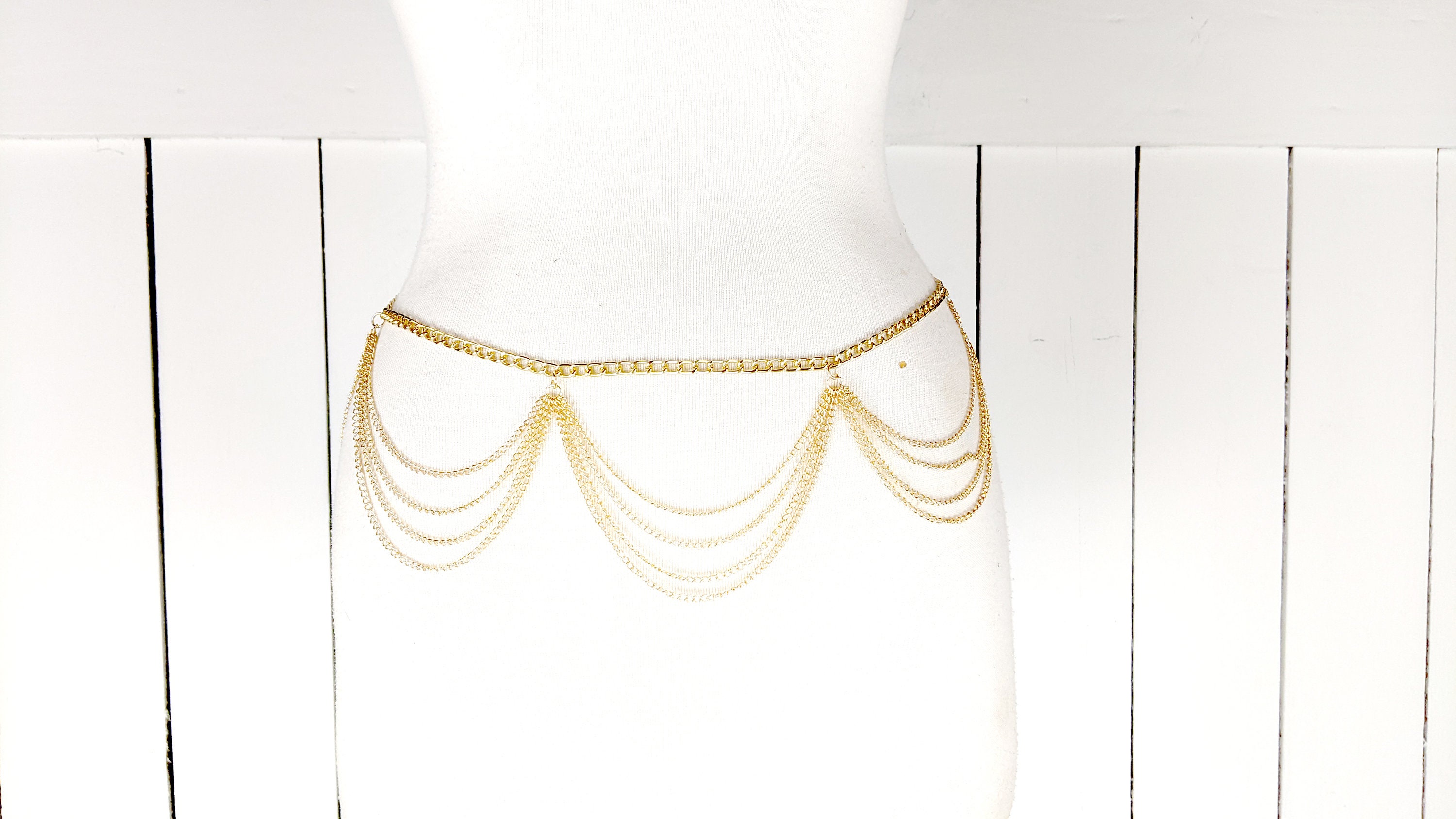 Gold Tone Multi Layer Chain Belt Faux Pearl Rhinestone 