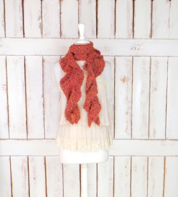 Vintage rust orange crochet knit scarf/long handma