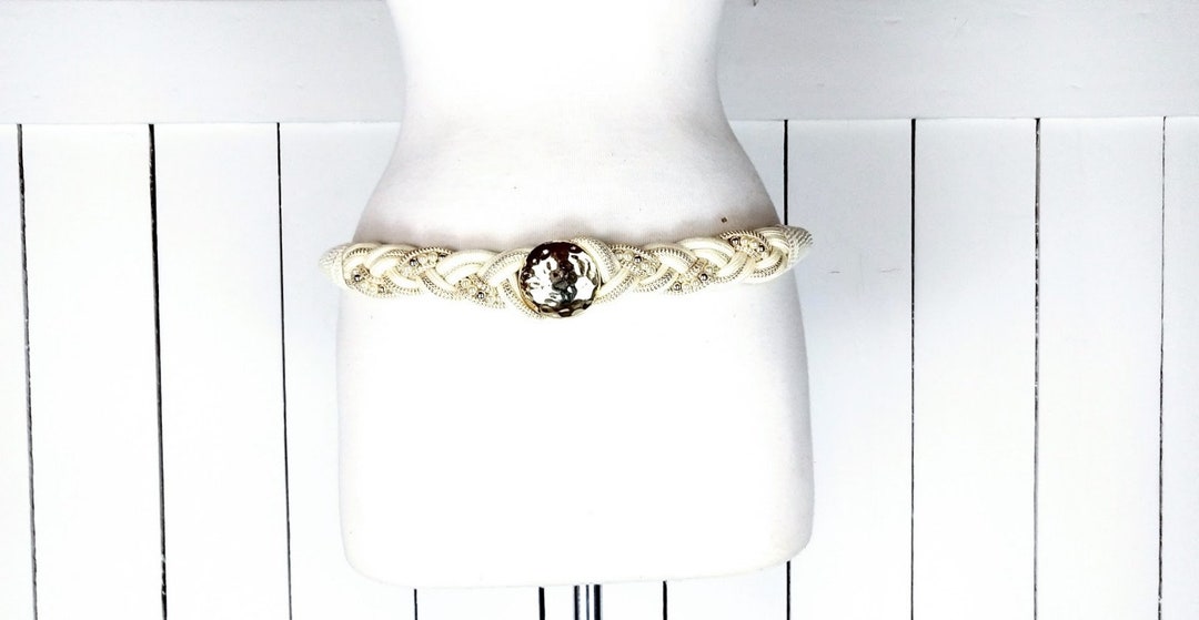 Vintage Ivory Braided Gold Medallion Disc Beaded Rope Belt  display picture 2
