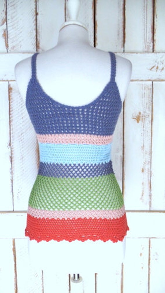 90s vintage blue/green striped crochet knit cotto… - image 5