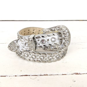 90s vintage silver western leather studded gemstone belt