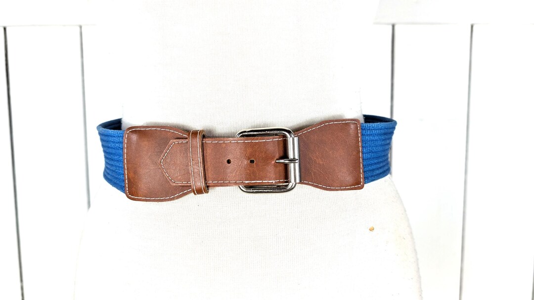Vintage 90s wide woven blue cloth chord faux leather trim belt Vintage 90s Wide Woven Blue Cloth Chord Faux Leather Trim  main image 2