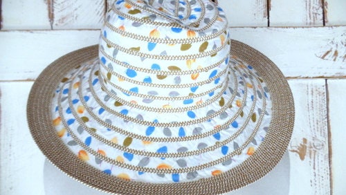 Vintage white cotton straw woven leaf print floppy sun hat Vintage White Cotton/straw Woven Leaf Print Floppy Sun Hat  main image 3