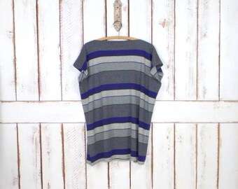 90s vintage basic/minimalist grey/purple/black striped oversized boxy tshirt/boat neck cotton top/striped tunic sweater shirt/cap sleeve
