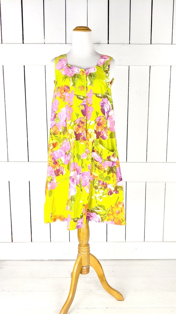 Vintage neon green pink floral sleeveless button d