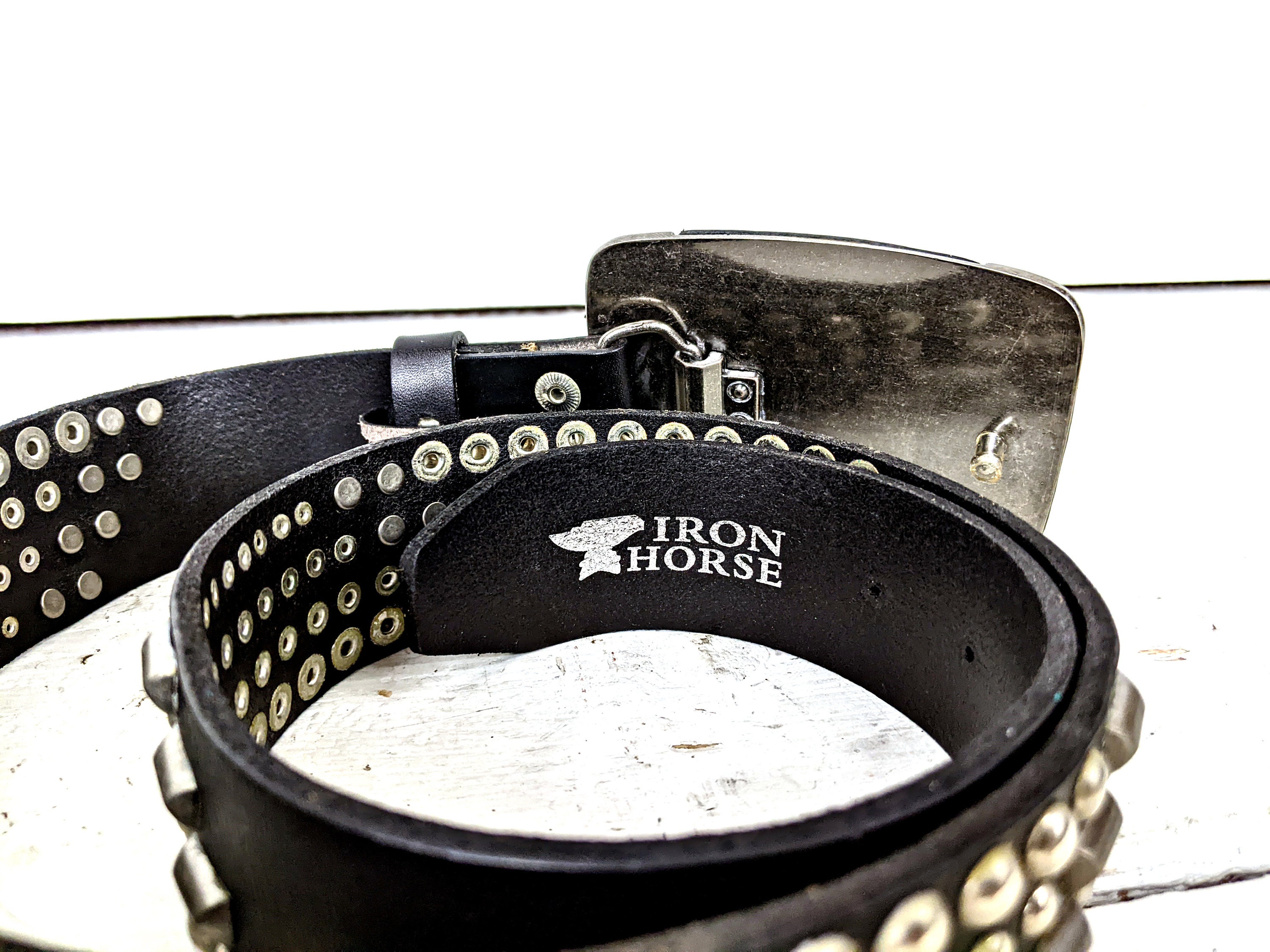 Horse Studded Black Leather Belt Iron Horse Black Silver Studded Leather Western Buckle Belt  main image 4