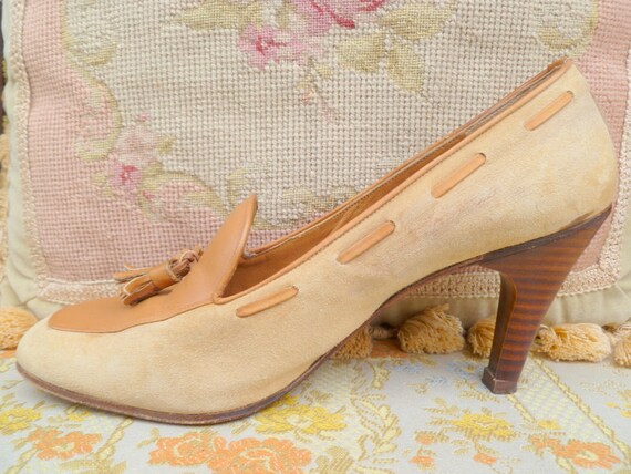 Vintage tan brown suede and leather high heel tas… - image 3